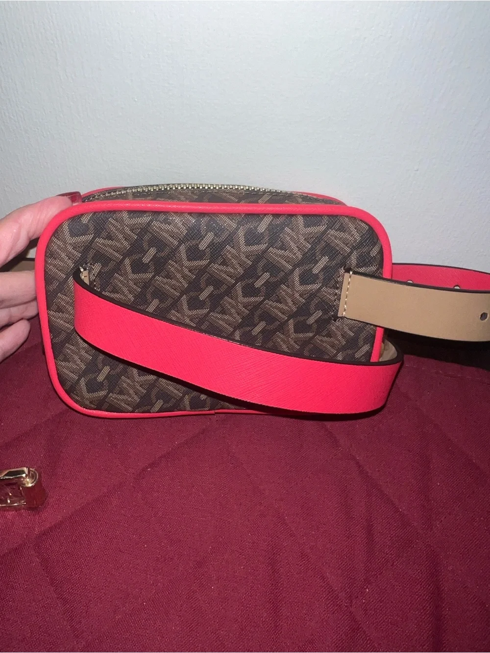 Michael Kors Brown Monogram Crossbody with Pink Trim